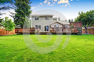 Back yard house exterior with spacious wooden deck