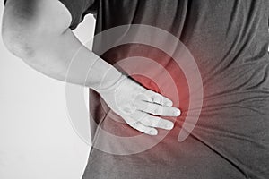 Backache injury in humans .backache pain,joint pains people medical, mono tone highlight at backache