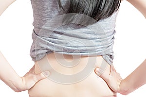 Backache or Painful waist in a woman isolated on white background. Clipping path on white background.