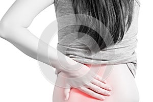 Backache or Painful waist in a woman isolated on white background. Clipping path on white background.