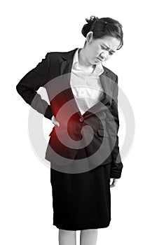 Backache or Painful waist in a woman isolated on white background. Clipping path on white background.