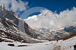 Backbackers in Himalayan mountains. Nepal, Annapurna region, Annapurna Base Camp track. Travel concept.