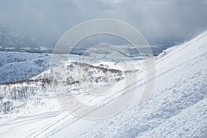 Backcountry skier lost in cloud of snow deep in the backcountry of Hokkaido, Japan