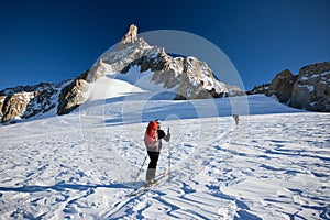 Backcountry skiers at Mont Blanc, France.