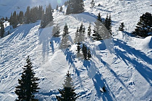 Backcountry skiing. Extreme winter sports. View to the Emperial bowl area on a sunny day