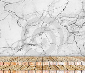 Backdrop abstract marble wall and wood slabs arranged in perspective texture background..