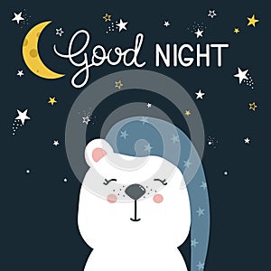 Backdrop with happy bear, moon, stars and text. Good night