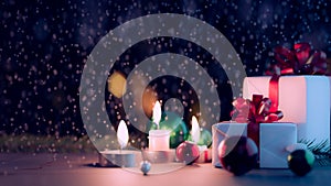 a backdrop of Christmas presents and candles on a table with several decorations, 3d rendering