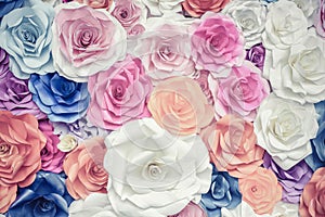 Backdrop of colorful paper roses background in a wedding