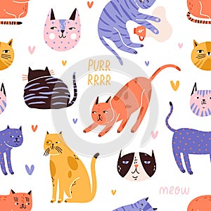 Backdrop with cute, funny cat head, muzzle, face, hearts and purr, meow text. Seamless repeatable pattern with colorful