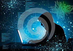 A backdrop of digital and binary code, circuit board designs, and