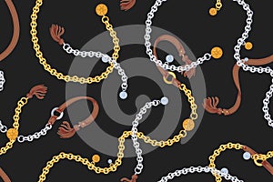 Backdrop with elegant golden and silver chain belts with charms and leather tassels. Horizontal background with trendy