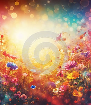 backdrop flowers glowing on a meadow vista at sunset , dreamy look