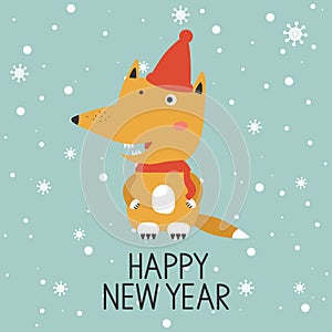 Backdrop with happy fox, snow and text. Happy New Year