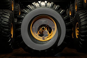 Backdrop of hefty tractor, truck, or harvester tires conveys industrial strength