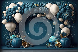 A mesmerizing spiral blue ballons garland galaxy, aniversary, smash cake fantasy backdrop photo