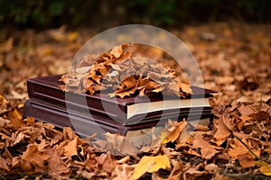 backdrop of a kjv bible on a pile of dry leaves photo