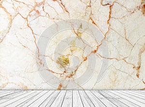 Backdrop marble wall and wood slabs arranged in perspective texture background.