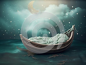 Backdrop for newborn photography with boat. Ai generated image