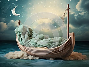 Backdrop for newborn photography with boat. Ai generated image