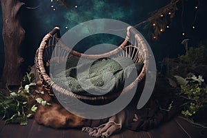 Backdrop for newborn photography with empty wicker basket. AI generated image