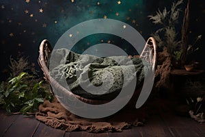 Backdrop for newborn photography with empty wicker basket. AI generated image