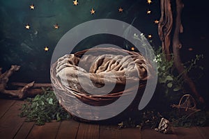 Backdrop for newborn photography with empty wicker basket. AI generated image