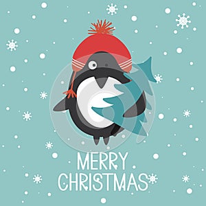 Backdrop with penguin, fir tree, snow and text