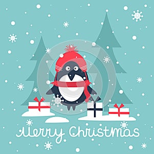 Backdrop with penguin, fir trees, snow and text. Merry Christmas