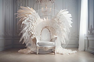 Backdrop for photography with white angel wings and armchair. Ai generated