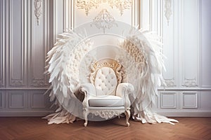 Backdrop for photography with white angel wings and armchair. Ai generated