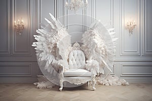 Backdrop for photography with white angel wings and armchair. Ai generated