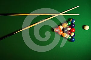 Backdrop of pyramid of pool balls and billiard cues on green billiard table