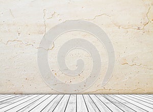 Backdrop sandstone wall and wood slabs arranged in perspective texture background.