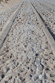 Backdrop of tire tracks in soft beach sand, creative copy space for travel and journey themes