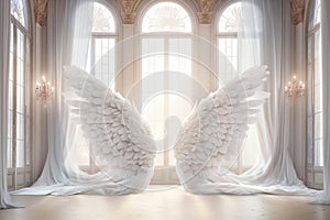 Backdrop with white angel wings. Ai generated image