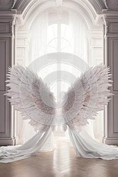 Backdrop with white angel wings. Ai generated image