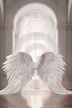 Backdrop with white angel wings. Ai generated image