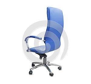 backe view of office chair from blue leather. Isolated over white