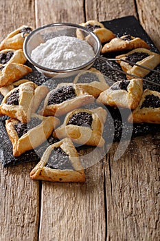 Backed Hamentashen, Ozen Haman, Purim cookies for the Jewish holiday Purim close-up. Vertical