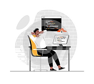Backend development coding and programming. Man working with program languages, doing tasks, finding new solutions