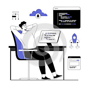 Backend development coding and programming. Man working with program languages, doing tasks, finding new solutions