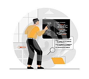 Backend development coding and programming. Man writes code, creates and optimizes pages and programs. Illustration