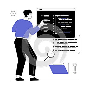 Backend development coding and programming. Man writes code, creates and optimizes pages and programs. Vector