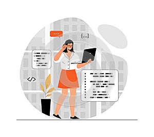Backend development coding and programming software. Woman working with program code, fixing bugs