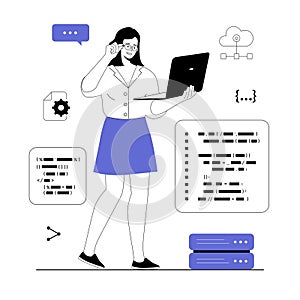 Backend development coding and programming software. Woman working with program code, fixing bugs