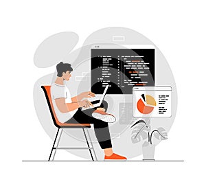 Backend development coding and programming. IT specialist sit and write code on a laptop for website, develop programs
