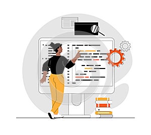 Backend development coding and programming. Web developer creating program code on monitor screen. Illustration