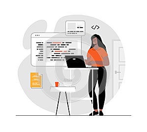 Backend development coding and programming. Woman write, test and optimize code, work with different program languages