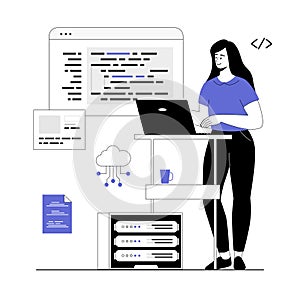 Backend development coding and programming. Woman write, test and optimize code, work with different program languages.